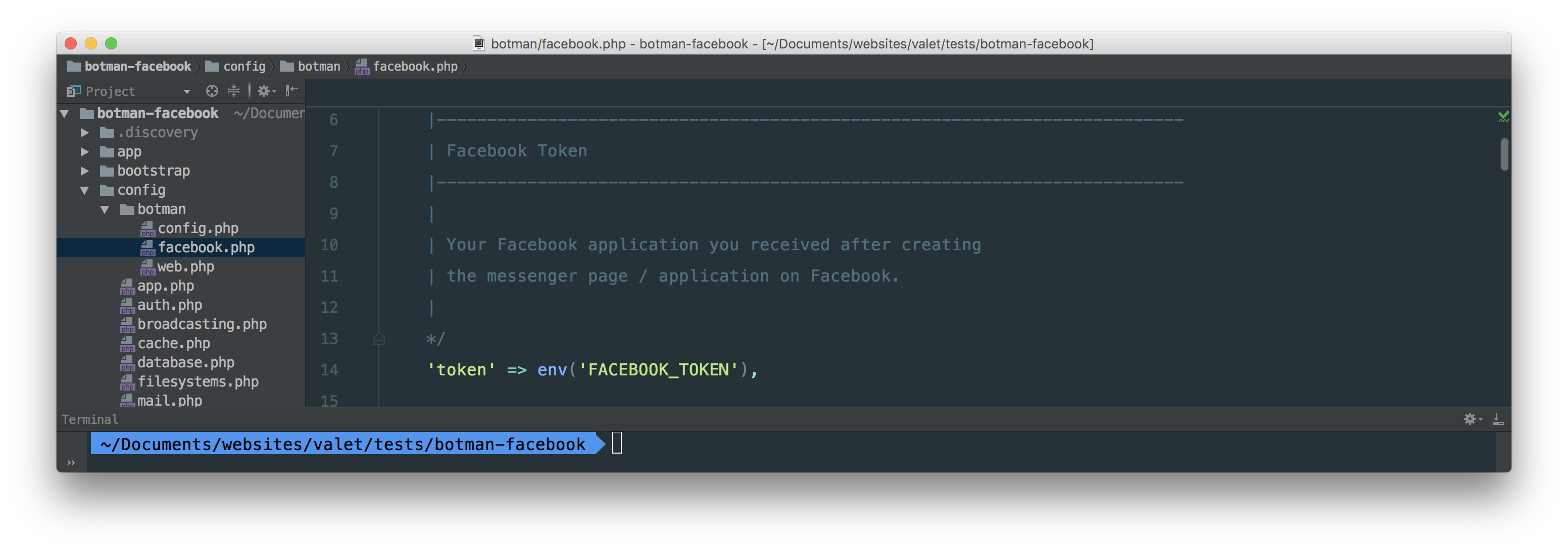 Screenshot showing facebook botman config file