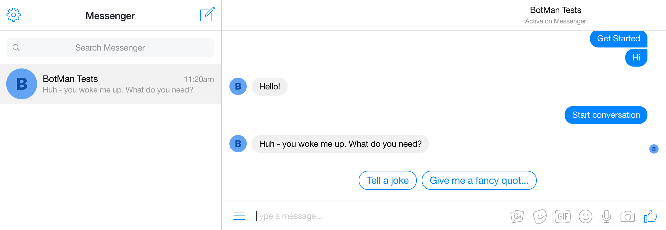 Screenshot showing how to test the BotMan example conversation