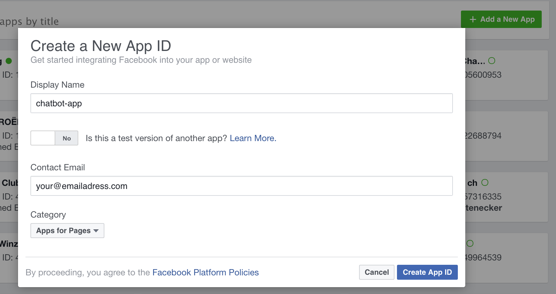 Screenshot showing how to create FB app