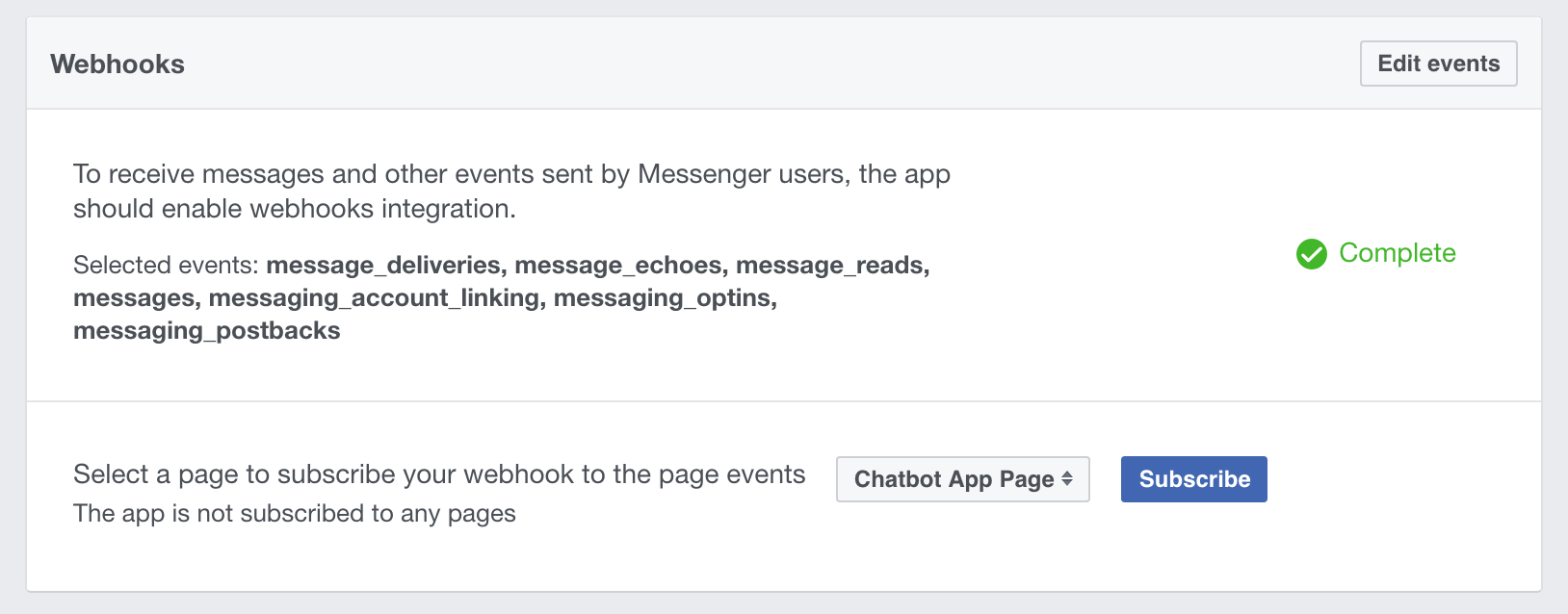 Screenshot showing Facebook App Page Subscription