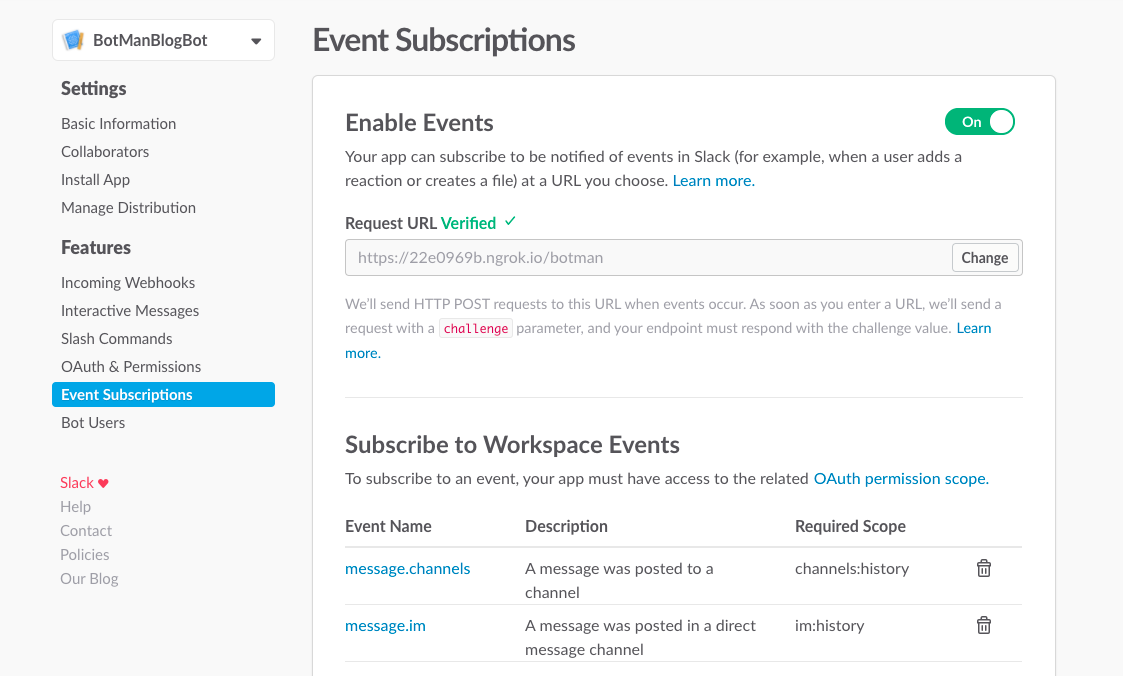 Subscribe to Slack events