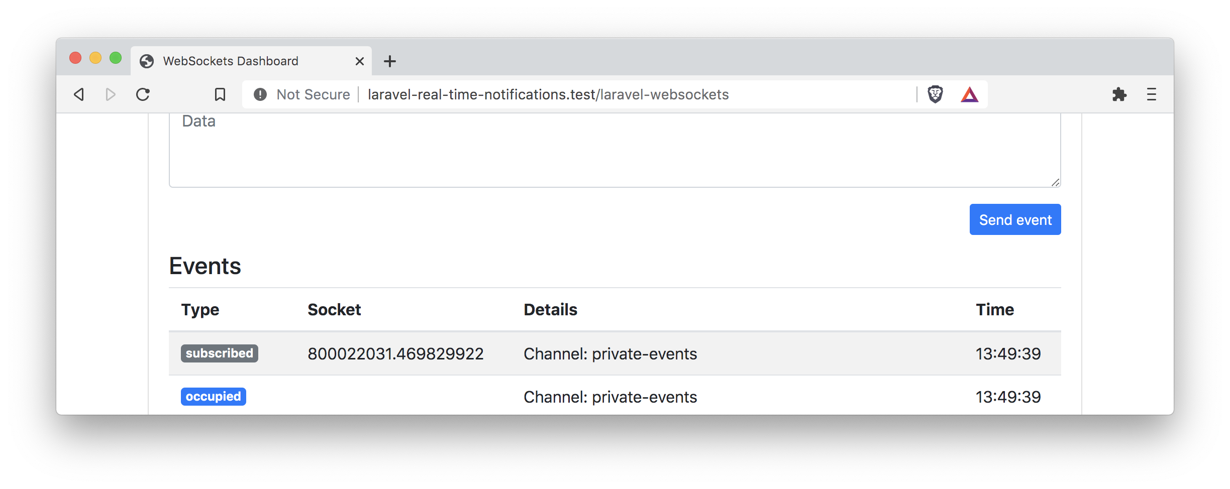 Debug Dashboard subscribed to private events channel