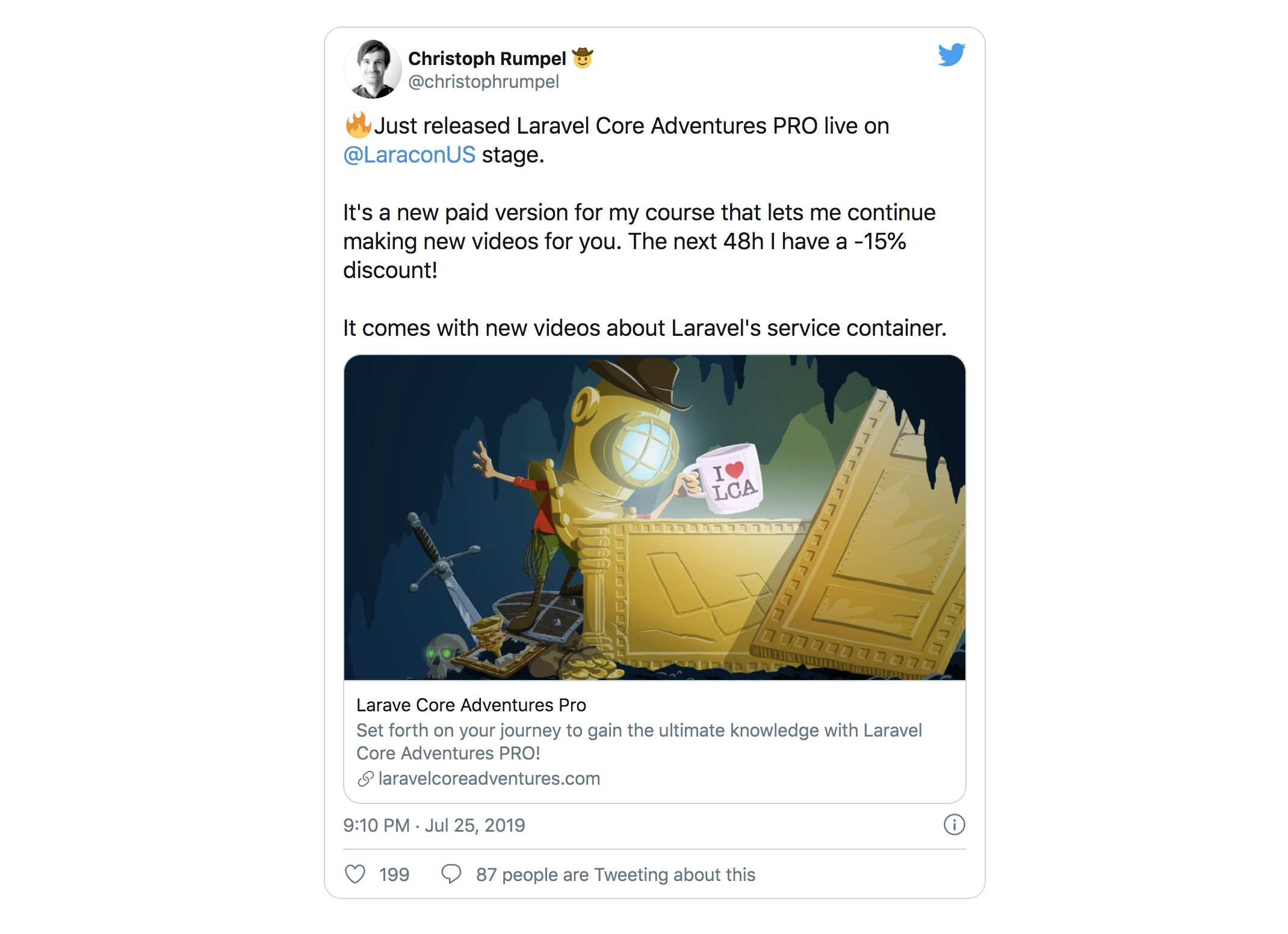 Laravel Core Adventures release tweet screenshot