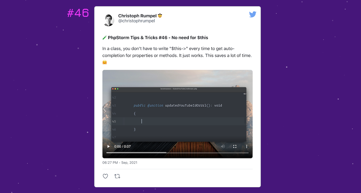 Screenshot of my Twitter PhpStorm tips