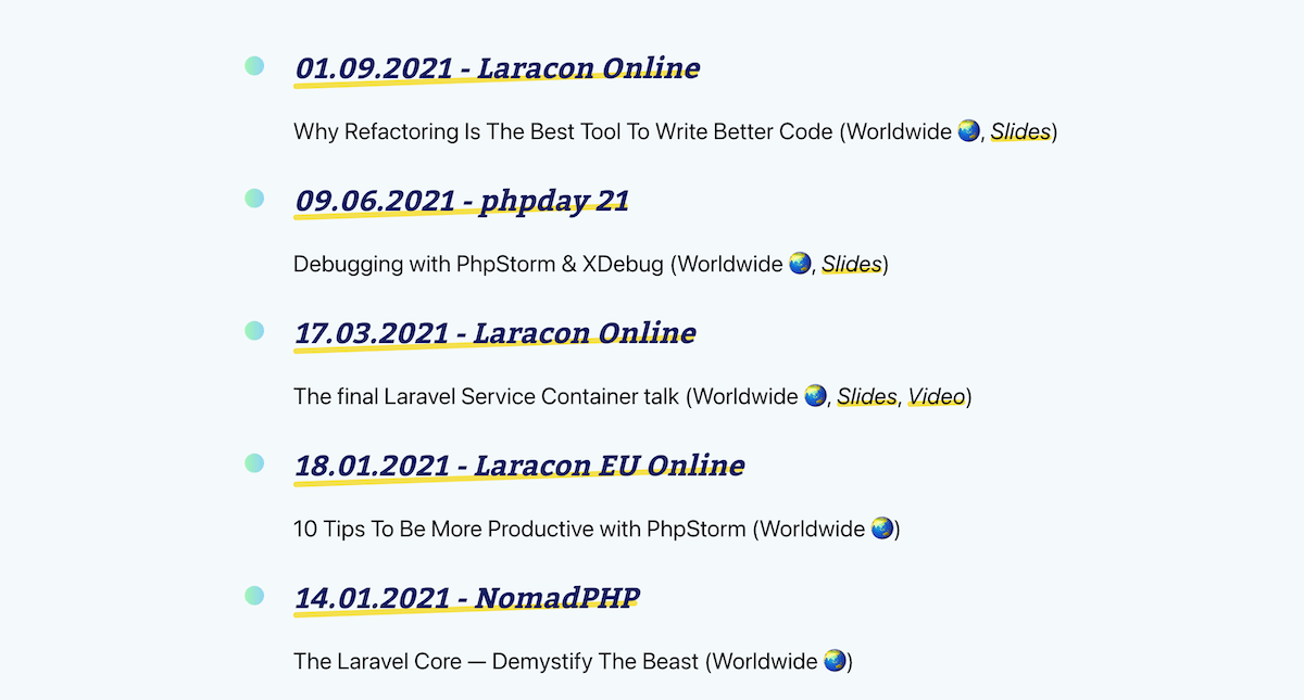 Screenshot of a list of my talks in 2021