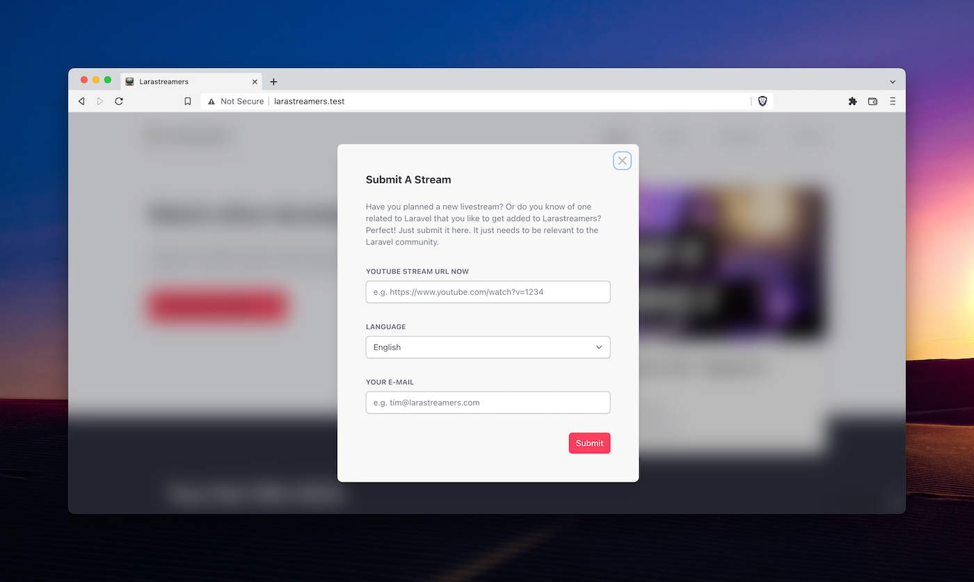 Screenshot of the website Larastreamers of the submit modal which is a livewire component.