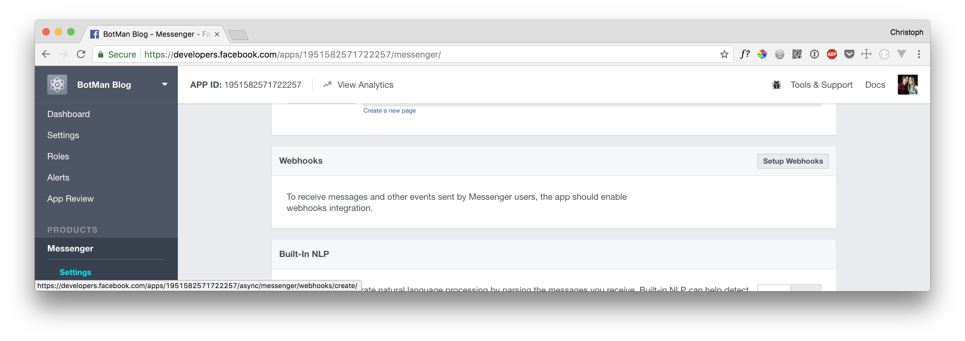 Screenshot of the Facebook app webhook options