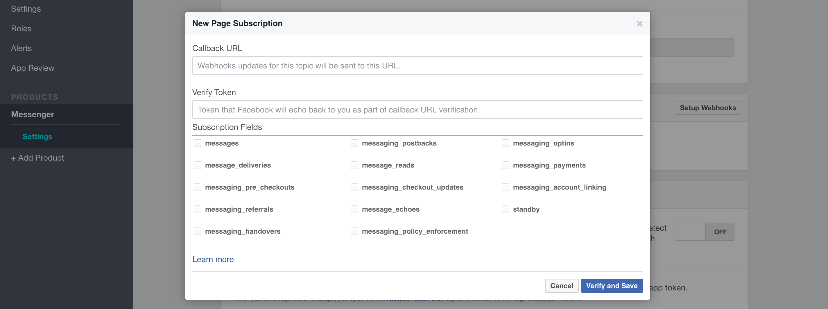 Screenshot of the webhook options