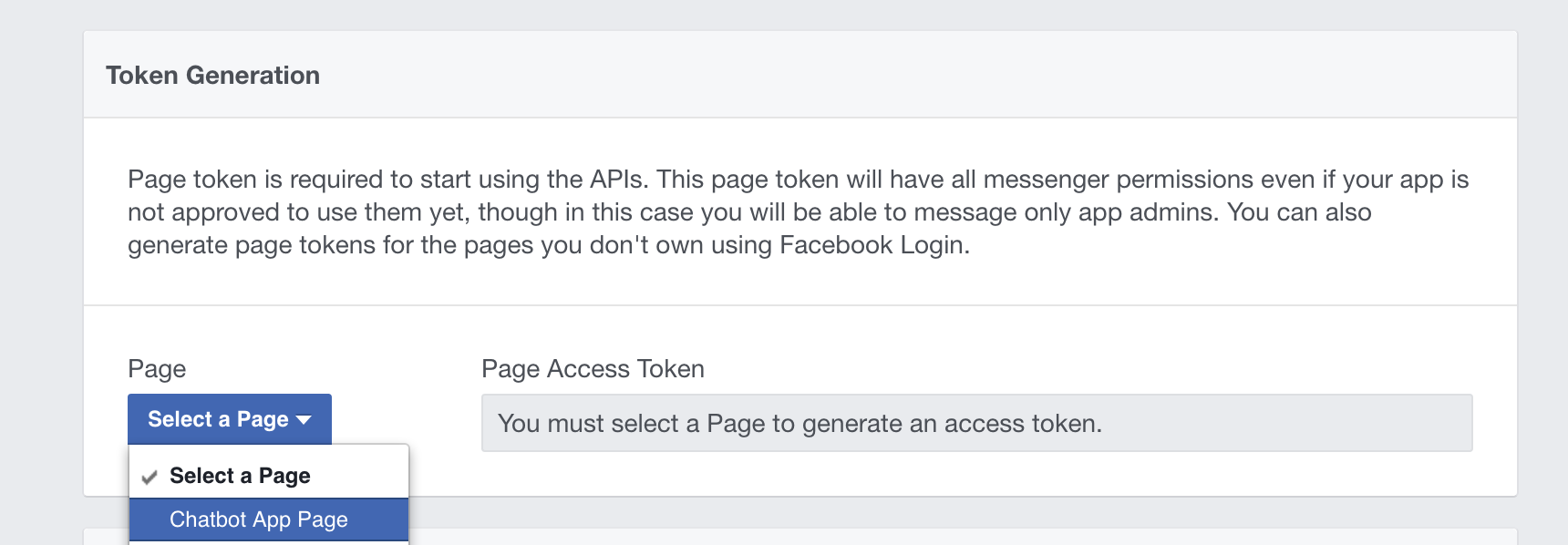Screenshot showing Facebook app token creation