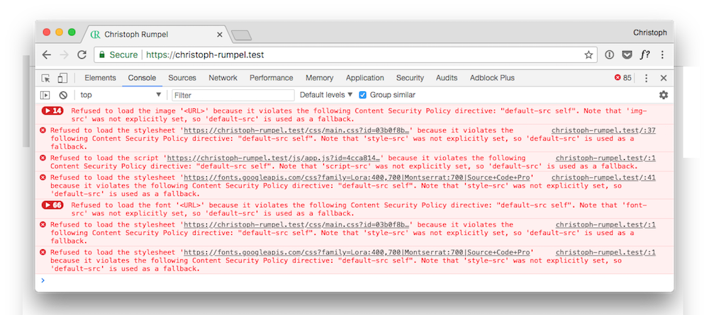 Screenshot showing all CSP errors