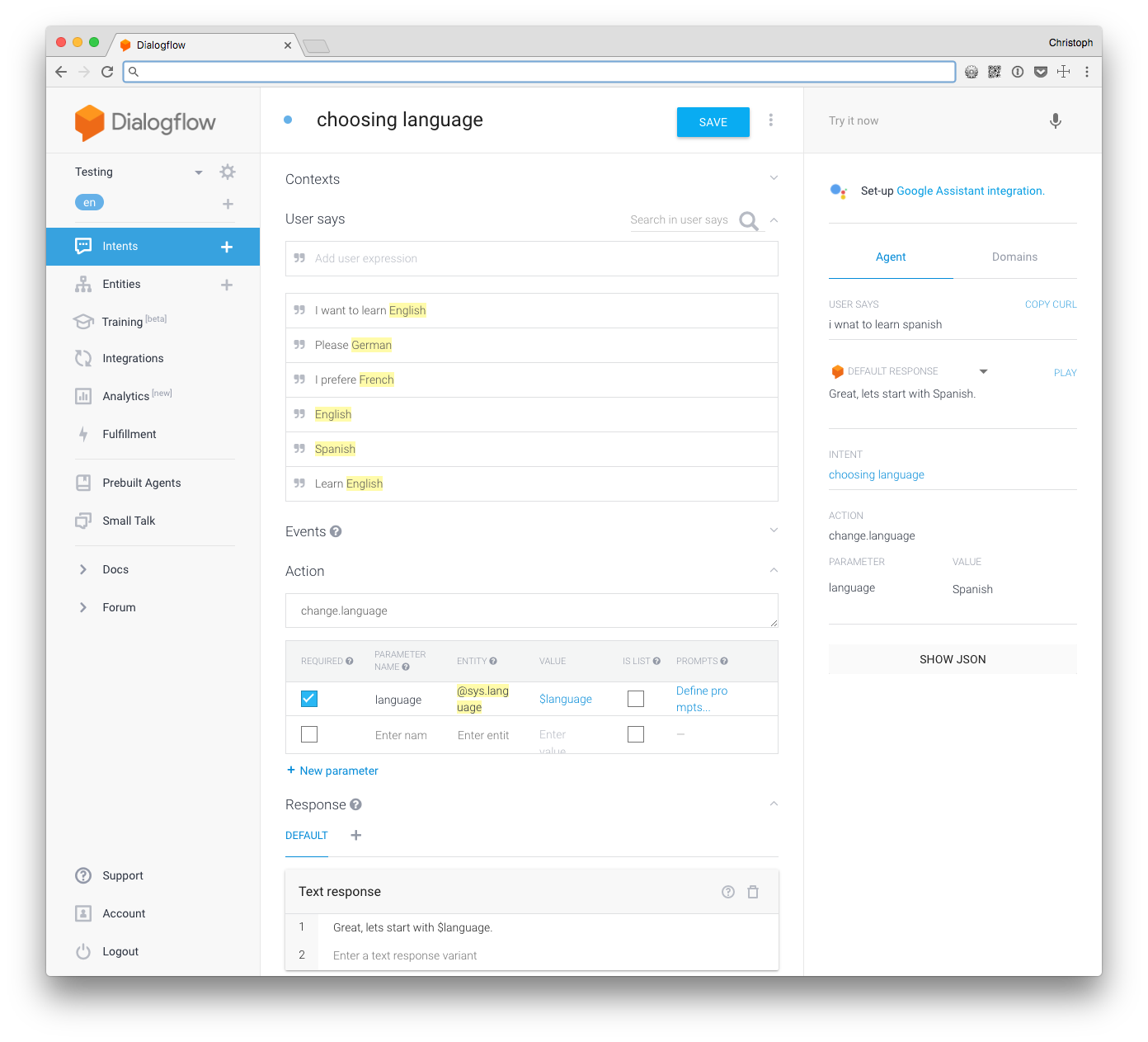 Dialogflow Intent Example