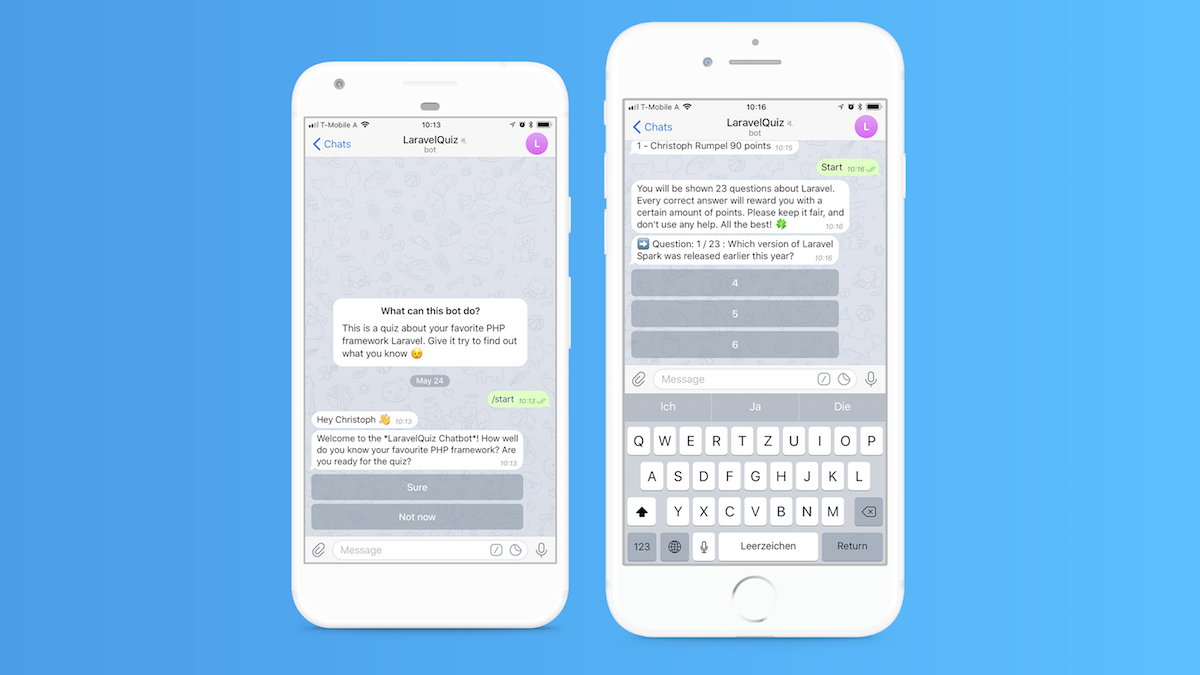 Screenshot showing phone mockups witht laravel quiz bot examples