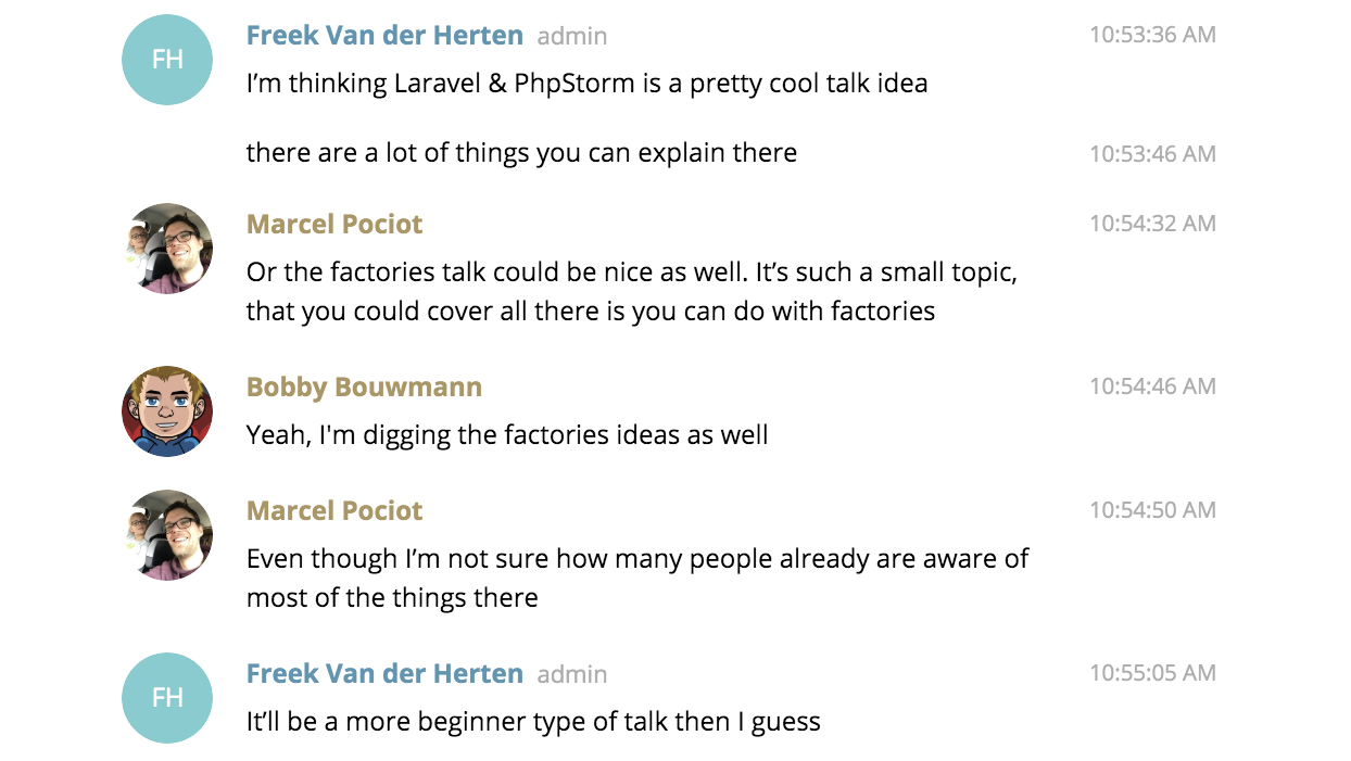 Screenshot of chat conversation devs discussing my topics