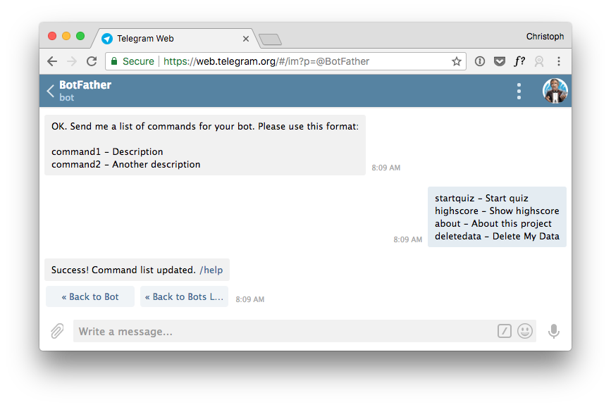 Screenshot showing how to setup Telegram commands