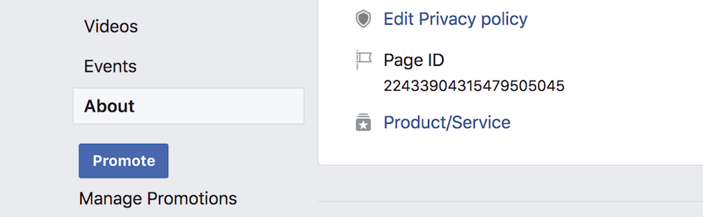 Screenshot of the about section of a Facebbok page which holds the ID