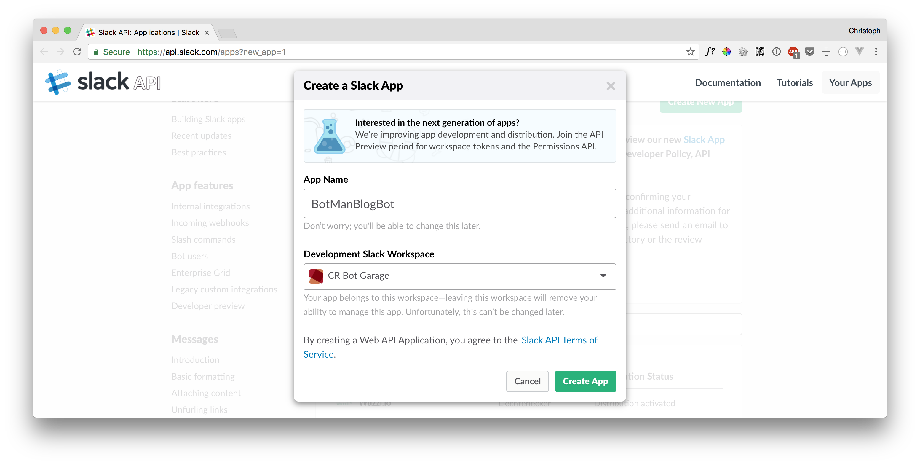 Create a new Slack app