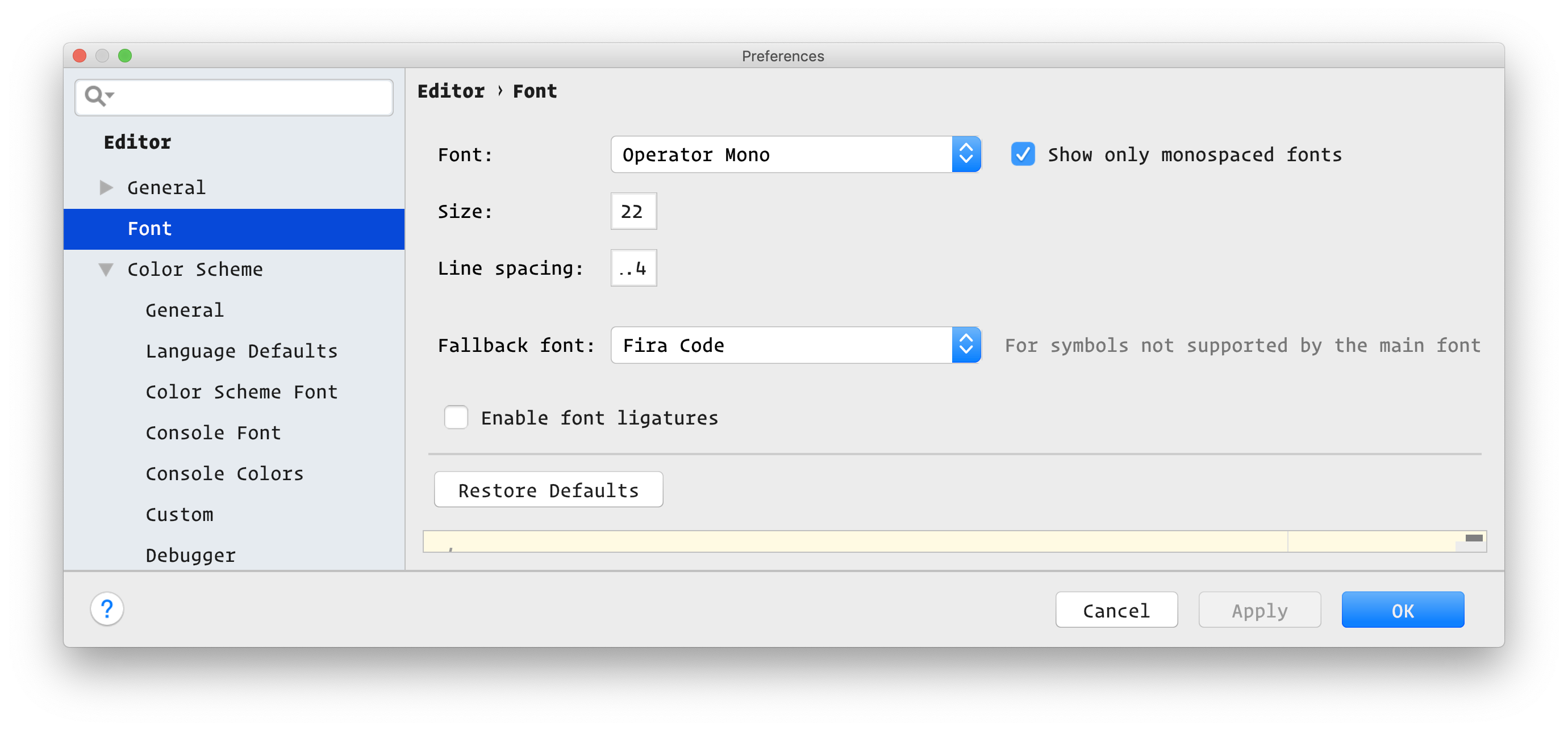 Screenshot of my PhpStorm font settings